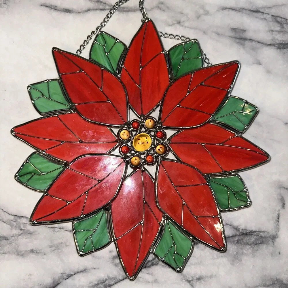 Stained‎ Glass Pointsettia Christmas Flower Wreath Door Window Decor Sun Catcher